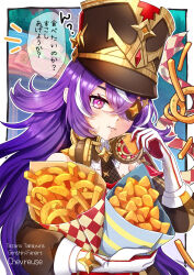 Rule 34 | 1girl, :i, bare shoulders, black hat, black necktie, chevreuse (genshin impact), commentary request, crossed bangs, detached sleeves, earmuffs, earmuffs around neck, eyepatch, food, french fries, genshin impact, gloves, hair between eyes, hand up, hat, highres, holding, holding food, long hair, looking at viewer, mole, mole under mouth, multicolored hair, necktie, pointy hair, puffy detached sleeves, puffy sleeves, purple eyes, purple hair, shako cap, sidelocks, solo, streaked hair, tatara tamayura, translation request, two-tone hair, upper body, very long hair, white gloves, white hair