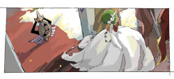 Rule 34 | aegislash, apios, bad id, bad pixiv id, bare shoulders, black sclera, bob cut, border, colored sclera, colored skin, creatures (company), dress, dutch angle, eye contact, flag, flagpole, flat chest, flower, full body, game freak, gardevoir, gen 3 pokemon, gen 6 pokemon, green hair, hair over one eye, indoors, looking at another, looking back, mega gardevoir, mega pokemon, nintendo, one-eyed, pokemon, pokemon (creature), purple eyes, red eyes, red flower, rust, shield, short hair, stairs, standing, strapless, strapless dress, sword, torn clothes, torn dress, walking, weapon, white border, white dress, white skin