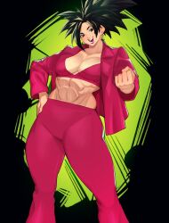 Rule 34 | 1girl, abs, breasts, cleavage, dragon ball, dragon ball super, drakkaiart, earrings, female focus, fusion, hand on own hip, highres, jewelry, kefla (dragon ball), long hair, looking at viewer, medium breasts, muscular, muscular female, potara earrings, solo, spiked hair, thick thighs, thighs