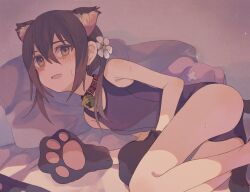 Rule 34 | 1girl, animal ears, animal hands, bell, blue one-piece swimsuit, blush, breasts, brown eyes, brown hair, cat ears, collar, fake animal ears, feet out of frame, flower, gloves, hair between eyes, hair flower, hair ornament, ichiromi, jingle bell, knees up, looking at viewer, lying, medium hair, neck bell, on side, one-piece swimsuit, open mouth, original, paw gloves, pillow, sidelocks, small breasts, smile, solo, stuffed animal, stuffed rabbit, stuffed toy, sweat, swimsuit, twintails