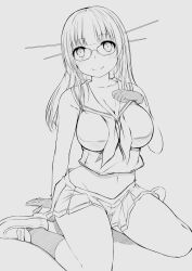 Rule 34 | 1girl, blush, breasts, choukai (kancolle), crop top, glasses, gloves, greyscale, hand on own chest, headgear, highres, kantai collection, kuromayu, large breasts, long hair, looking at viewer, miniskirt, monochrome, neckerchief, pleated skirt, sailor collar, shirt, simple background, sitting, sketch, skirt, sleeveless, sleeveless shirt, smile, socks, solo