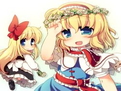 Rule 34 | 1girl, alice margatroid, apron, blonde hair, blue eyes, bow, capelet, dress, flower, gradient background, hair bow, hairband, hand on own face, head wreath, leaf, lolita hairband, long hair, looking at viewer, looking back, matatabi (nigatsu), open mouth, ribbon, rose, sash, shanghai doll, short hair, simple background, smile, solo, touhou, waist apron, white flower, white rose