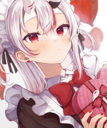 Rule 34 | 1girl, absurdres, alternate costume, apron, balloon, blush, box, box of chocolates, closed mouth, dakuryuu, grey hair, heart-shaped box, heart balloon, highres, holding, holding box, hololive, long hair, looking at viewer, maid, maid apron, maid headdress, multicolored hair, nail polish, nakiri ayame, oni, red eyes, red hair, red nails, solo, streaked hair, two side up, valentine, virtual youtuber