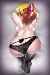 Rule 34 | 1girl, asheta7, ass, back, backboob, blonde hair, blush, breasts, hair ribbon, highres, huge ass, large breasts, looking at viewer, looking back, panties, plump, red eyes, ribbon, rumia, short hair, smell, solo, steam, thighhighs, touhou, underwear