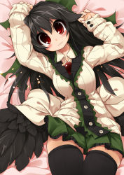 Rule 34 | 1girl, :3, arms up, black hair, black thighhighs, black wings, blush, bow, feathers, female focus, hair bow, highres, koha, long hair, looking at viewer, lying, on back, red eyes, reiuji utsuho, smile, solo, sweater, thighhighs, third eye, touhou, wings