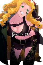 Rule 34 | 1girl, bare shoulders, belt, bike shorts, black coat, black gloves, black shorts, black sports bra, blonde hair, breasts, camouflage, camouflage pants, cleavage, coat, collarbone, echo (circa), facepaint, fate/grand order, fate (series), gloves, goggles, goggles on head, green eyes, grin, large breasts, long hair, long sleeves, looking at viewer, open clothes, open coat, pants, parted bangs, quetzalcoatl (fate), shorts, smile, solo, sports bra, thighs