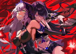 Rule 34 | 2girls, absurdres, acheron (honkai: star rail), bare shoulders, black gloves, black swan (honkai: star rail), breasts, cleavage, clenched teeth, commentary request, dress, elbow gloves, flower, gloves, highres, holding another&#039;s wrist, honkai: star rail, honkai (series), long hair, looking at viewer, medium breasts, midriff, multiple girls, navel, purple eyes, purple hair, red background, red flower, sleeveless, sleeveless dress, stomach, teeth, veil, very long hair, yellow eyes, yellow takano