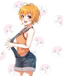 Rule 34 | + +, 1girl, :d, absurdres, antenna hair, bang dream!, brown eyes, camisole, commentary request, cowboy shot, gurifu, hello happy world!, highres, kitazawa hagumi, looking at viewer, open mouth, orange camisole, orange hair, overall shorts, overalls, polka dot, polka dot camisole, short hair, signature, smile, solo, teeth, upper teeth only, white background