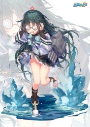 Rule 34 | 1girl, alternate hairstyle, blush, boots, coke-bottle glasses, covering own ears, explosion, full body, glasses, green hair, highres, long hair, nowaki (warship girls r), official art, open mouth, shenbei xiaoqiu, shorts, shorts under skirt, solo, torn clothes, torpedo, torpedo tubes, warship girls r, water