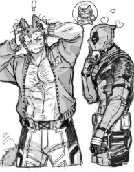 ! 2boys :3 abs animal_ears belt blush bodysuit cat_boy cat_ears cat_tail chest_hair claw_(weapon) deadpool deadpool_&amp;_wolverine deadpool_(series) dishing facial_hair finger_to_mouth gloves hands_on_own_head heart highres jacket large_pectorals long_sleeves looking_at_another male_focus marvel marvel_cinematic_universe mask monochrome multiple_boys muscular muscular_male navel open_clothes open_jacket pectorals short_hair superhero_costume sweatdrop tail utility_belt weapon wolverine_(x-men) x-men yaoi