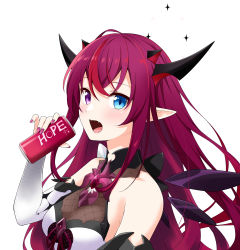 Rule 34 | 1girl, absurdres, bare shoulders, blue eyes, breasts, can, detached sleeves, detached wings, drink can, fangs, felutiahime, fingernails, halterneck, heterochromia, highres, holding, holding can, hololive, hololive english, horns, irys (hololive), long hair, medium breasts, multicolored hair, multiple horns, nail polish, open mouth, pink hair, pink nails, pointy ears, purple eyes, purple hair, soda can, solo, virtual youtuber, wings