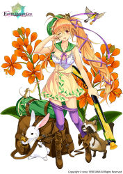 Rule 34 | 1girl, ahoge, bag, beret, bird, blush, boots, bow, brown footwear, chipmunk, city forest online, clothes pull, epidendrum (flower knight girl), flower, flower knight girl, full body, green hat, gun, hair ribbon, hat, knee boots, leaf print, long hair, looking at viewer, mouse (animal), name connection, object namesake, official art, one eye closed, orange hair, pantyhose, pantyhose pull, print skirt, purple bow, purple pantyhose, purple ribbon, rabbit, raccoon, red eyes, ribbon, sailor collar, side ponytail, skirt, solo, squirrel, standing, tress ribbon, very long hair, weapon, yellow skirt