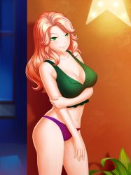 Rule 34 | 1girl, abs, artist request, bare shoulders, blonde hair, breasts, building, cleavage, closed mouth, collarbone, cowboy shot, date crush stories, game cg, green eyes, green shirt, highres, indoors, kayla (date crush stories), lamp, leaf, long hair, looking at viewer, midriff, navel, night, panties, patterned clothing, plant, potted plant, purple panties, shirt, smile, solo, standing, stomach, underwear, wall, wall lamp, window