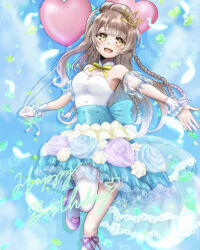 Rule 34 | 1girl, balloon, birthday, blue sky, braid, breasts, cleavage, cloud, cloudy sky, commentary, english text, feathers, grey hair, happy birthday, heart balloon, holding, holding balloon, long hair, looking at viewer, love live!, love live! school idol project, medium breasts, minami kotori, multiple braids, sky, smile, wal---dg7sdr-0128, white feathers, yellow eyes