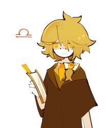 Rule 34 | 1boy, ahoge, blonde hair, book, bookmark, brown cloak, cloak, dirty blonde, frown, glasses, hair between eyes, head only, male focus, orange eyes, original, ponytail, scratchitone, shaded face, side ponytail, solo, solo focus, zodiac, zodiac sign