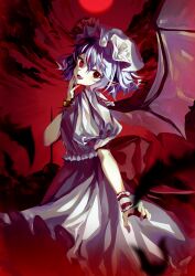 Rule 34 | 1girl, absurdres, bat wings, beret, dress, fangs, hat, highres, looking at viewer, maguri rei, medium hair, moon, open mouth, pointy ears, red eyes, red moon, remilia scarlet, smile, solo, solo focus, touhou, white dress, white hat, wings
