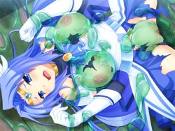 Rule 34 | 1girl, acrylic blue, blue eyes, blue hair, blue skirt, blue thighhighs, blush, breasts, censored, comoda (comoda robo), drooling, female focus, game cg, gloves, hair ornament, heat soft, huge breasts, long hair, mahou shoujo ga zenra de dogeza!, matching hair/eyes, nipples, pussy, saliva, skirt, slime (creature), solo, spread legs, thighhighs, torn clothes, torn skirt, white gloves