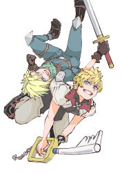 Rule 34 | 2boys, 87, absurdres, aged down, belt, black shirt, blonde hair, blue eyes, blue pants, boots, brown gloves, cloud strife, collared jacket, crisis core final fantasy vii, final fantasy, final fantasy vii, full body, gloves, green scarf, grin, hair between eyes, highres, holding, holding weapon, jacket, jewelry, keyblade, kingdom hearts, kingdom hearts ii, kingdom key, knee pads, lower teeth only, male focus, multiple boys, necklace, open mouth, pants, roxas, scarf, shinra infantry uniform, shirt, short hair, short sleeves, simple background, sleeves rolled up, smile, spiked hair, square enix, suspenders, sword, teeth, thigh strap, weapon, white background, white jacket, wristband