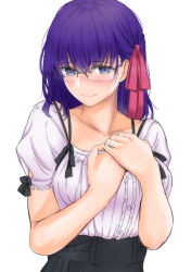 Rule 34 | 1girl, bespectacled, black dress, black ribbon, blue eyes, blush, breasts, closed mouth, commentary request, dress, fate/stay night, fate (series), glasses, hair ribbon, hakase yurisuki, hands on own chest, looking at viewer, matou sakura, medium breasts, medium hair, puffy short sleeves, puffy sleeves, purple hair, red ribbon, ribbon, shirt, shirt tucked in, short sleeves, simple background, solo, upper body, white background, white shirt
