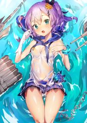 Rule 34 | 1girl, anchor, aqua eyes, azur lane, bare legs, blush, bracelet, breasts, chain, cleavage, covered navel, cowboy shot, crown, gloves, gluteal fold, hair ribbon, highres, javelin (azur lane), jewelry, looking at viewer, lying, lying on water, medium breasts, mini crown, miniskirt, on back, open mouth, panties, pantyshot, partially submerged, plaid, plaid skirt, purple hair, ribbon, short hair, skirt, solo, thigh gap, thighs, torpedo, turret, underwear, wakamore (getguacamole), water, wavy mouth, wet, wet clothes, white gloves, white panties