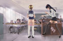Rule 34 | 6+boys, 6+girls, absurdres, ass, black board, blood, book, bow, chalk, classroom, clothes lift, exhibitionism, flashing, full body, glasses, hairband, high heels, highres, indoors, lifted by self, multiple boys, multiple girls, nosebleed, panties, panty pull, ponytail, public indecency, school uniform, skirt, skirt lift, teacher, thighhighs, underwear, yellow bow