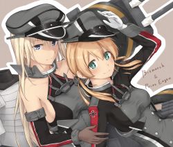 Rule 34 | 10s, 2girls, anchor hair ornament, arm up, bismarck (kancolle), blonde hair, blue eyes, blush, breasts, cannon, character name, cross, detached sleeves, enosan, gloves, green eyes, hair ornament, hat, highres, iron cross, kantai collection, long hair, looking at viewer, low twintails, machinery, md5 mismatch, medium breasts, military, military uniform, multiple girls, outline, peaked cap, prinz eugen (kancolle), resolution mismatch, sideboob, smile, turret, twintails, uniform, white gloves