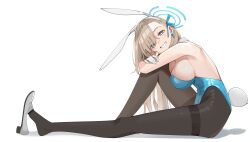 Rule 34 | 1girl, absurdres, asuna (blue archive), black pantyhose, blue archive, breasts, detached collar, gloves, highres, large breasts, leotard, looking at viewer, pantyhose, playboy bunny, sideboob, sitting, smile, solo, white background, white gloves, yoshikawa hiro