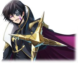 Rule 34 | 1boy, artist request, black coat, black gloves, black hair, black shirt, cape, coat, code geass, code geass: lost stories, cropped torso, epaulettes, eyepatch, foreshortening, game cg, gem, gloves, gold, gold trim, hair between eyes, half-closed eyes, happy, high collar, holding, holding scepter, julius kingsley, looking at viewer, male focus, military uniform, non-web source, official art, one eye covered, open clothes, open coat, open mouth, outstretched arm, pointing, pointing at viewer, purple cape, purple eyes, purple gemstone, scepter, shirt, short hair, sidelocks, simple background, smile, solo, teeth, transparent background, two-sided cape, two-sided fabric, uniform, upper body