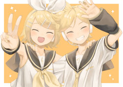 Rule 34 | 1boy, 1girl, aiming, aiming at viewer, bass clef, blonde hair, bow, closed eyes, commentary, detached sleeves, facing viewer, fang, foreshortening, good twins day, hair bow, hair ornament, hairclip, hand on another&#039;s shoulder, headset, highres, kagamine len, kagamine rin, light blush, musical note, musical note print, necktie, open mouth, original-orange-610917, outstretched arm, sailor collar, shorts, treble clef, v, vocaloid, white bow
