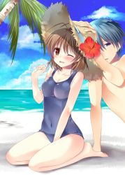 Rule 34 | 1boy, 1girl, antenna hair, barefoot, beach, blue eyes, blue hair, blue one-piece swimsuit, blue sky, breasts, brown eyes, brown hair, clannad, cleavage, cloud, collarbone, commentary request, covered navel, day, full body, furukawa nagisa, horizon, impossible clothes, impossible swimsuit, komo da, medium breasts, ocean, okazaki tomoya, one-piece swimsuit, outdoors, palm tree, school swimsuit, short hair, sitting, sky, solo focus, swimsuit, tree, wariza, water