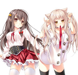 Rule 34 | 2girls, animal ears, animal print, black hair, black legwear, cat ears, cat print, cocoa (cafe-hotcocoa), long hair, looking at viewer, mouth hold, multiple girls, original, paw print, red eyes, skirt, standing, thighhighs, twintails, white hair, white legwear, yellow eyes