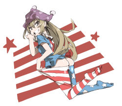 Rule 34 | 1girl, american flag dress, american flag legwear, ass, black eyes, blonde hair, breasts, butt crack, clothes pull, clownpiece, collar, feet, finger in own mouth, frilled collar, frilled shirt collar, frills, grin, hat, jester cap, long hair, looking at viewer, looking back, muchi maro, neck ruff, no panties, pantyhose, pantyhose pull, polka dot, pulling own clothes, shirt, short sleeves, simple background, small breasts, smile, solo, star (symbol), striped clothes, striped pantyhose, teeth, touhou, very long hair