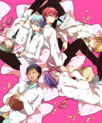 6+boys akashi_seijuurou aomine_daiki aqua_shirt black_necktie blonde_hair blue_eyes blue_hair cardigan coat collared_shirt formal glasses green_hair kise_ryouta krk-anise kuroko_no_basuke kuroko_tetsuya long_sleeves male_focus midorima_shintarou multiple_boys murasakibara_atsushi necktie open_mouth pink_background purple_hair red_hair shirt short_hair simple_background sleeping star_(symbol) teeth unworn_eyewear white_cardigan white_coat