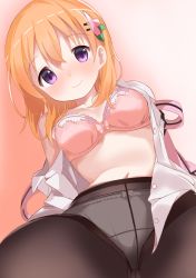 Rule 34 | 1girl, bare shoulders, black pantyhose, blush, bow, bow bra, bow panties, bra, breasts, closed mouth, collarbone, commentary request, dress shirt, gochuumon wa usagi desu ka?, guraasan, hair between eyes, hair ornament, hairclip, highres, hoto cocoa, light brown hair, long hair, looking at viewer, medium breasts, navel, off shoulder, open clothes, open shirt, open vest, panties, panties under pantyhose, pantyhose, pink bra, pink vest, purple eyes, rabbit house uniform, shirt, smile, solo, underwear, uniform, vest, waitress, white panties, white shirt