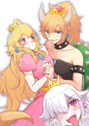 Rule 34 | 3girls, :d, :o, :p, armlet, bare shoulders, black dress, blonde hair, blue eyes, blue gemstone, blush, bowsette, bracelet, breasts, clenched teeth, collar, collarbone, dress, earrings, elbow gloves, embarrassed, female focus, gem, ghost, gloves, grin, gurifu, hair between eyes, hair over one eye, hand up, hands up, holding hands, horns, hug, jewelry, leaning, leaning back, long hair, looking at another, looking at viewer, luigi&#039;s mansion, mario (series), medium breasts, monster girl, multiple girls, new super mario bros. u deluxe, nintendo, open mouth, pale skin, pink dress, pointy ears, princess king boo, princess peach, puffy short sleeves, puffy sleeves, purple eyes, red gemstone, sharp teeth, short sleeves, shy, smile, spiked armlet, spiked bracelet, spiked collar, spiked shell, spikes, strapless, strapless dress, super crown, teeth, tongue, tongue out, turtle shell, upper teeth only, white dress, white gloves, white hair, yuri