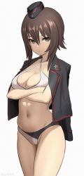 Rule 34 | 1girl, artist name, bikini, black hat, black jacket, breasts, brown eyes, brown hair, cleavage, closed mouth, commentary, cowboy shot, criss-cross halter, crossed arms, garrison cap, gazami, girls und panzer, halterneck, hat, insignia, jacket, jacket on shoulders, kuromorimine military uniform, light frown, long sleeves, looking at viewer, medium breasts, military, military hat, military uniform, navel, nishizumi maho, short hair, signature, simple background, solo, standing, swimsuit, uniform, white background, white bikini