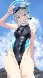 Rule 34 | 1girl, animal ears, blue archive, blush, breasts, competition swimsuit, covered navel, ev (dai00888), feet out of frame, fish, goggles, goggles on head, green eyes, grey hair, halo, highres, looking at viewer, medium breasts, mismatched pupils, mouth hold, official alternate costume, on rock, one-piece swimsuit, shiroko (blue archive), shiroko (swimsuit) (blue archive), sitting, solo, splashing, swimsuit, wolf ears