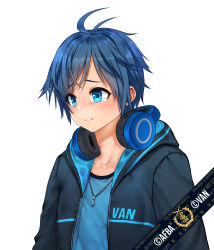 Rule 34 | 1boy, absurdres, afba, blue hair, blush, collarbone, commentary, commission, crying, crying with eyes open, english commentary, english text, hair between eyes, headphones, headphones around neck, highres, hood, hood down, hoodie, jewelry, male focus, necklace, open mouth, original, sad, short hair, short sleeves, simple background, tearing up, tears, teeth, virtual youtuber, white background