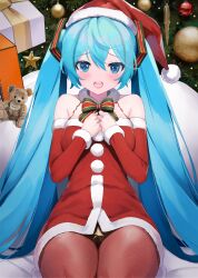 Rule 34 | 1girl, bare shoulders, black panties, blue eyes, blue hair, blush, bow, bowtie, breasts, brown pantyhose, christmas ornaments, christmas tree, commentary, cowboy shot, dot nose, dress, english commentary, fur-trimmed dress, fur-trimmed headwear, fur-trimmed sleeves, fur trim, gift, gold trim, green bow, green bowtie, green ribbon, hair between eyes, hair ribbon, hat, hatsune miku, highres, indoors, long hair, long sleeves, looking at viewer, medium breasts, multicolored bowtie, multicolored ribbon, off-shoulder dress, off shoulder, open mouth, own hands together, panties, pantyhose, pantyshot, red bow, red bowtie, red dress, red hat, red ribbon, ribbon, santa dress, santa hat, short dress, sidelocks, sitting, solo, straight hair, stuffed animal, stuffed toy, takepon1123, teddy bear, teeth, twintails, underwear, upper teeth only, very long hair, vocaloid