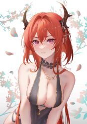 Rule 34 | 1girl, absurdres, alternate costume, arknights, artist name, bare shoulders, black dress, blush, breasts, cleavage, closed mouth, dress, heart, heart-shaped pupils, highres, horns, jewelry, large breasts, long hair, looking at viewer, neck garter, necklace, petals, purple eyes, red hair, senamashiro, sleeveless, sleeveless dress, solo, surtr (arknights), symbol-shaped pupils, upper body