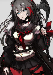 Rule 34 | 1girl, absurdres, animal ears, arknights, axe, bear ears, black hair, black jacket, black sailor collar, black skirt, blood, blood on face, blue eyes, chuhaibane, closed mouth, fur-trimmed jacket, fur trim, grey background, hair between eyes, head tilt, highres, holding, holding axe, jacket, long hair, long sleeves, looking at viewer, multicolored hair, neckerchief, off shoulder, open clothes, open jacket, pantyhose, pleated skirt, puffy long sleeves, puffy sleeves, red hair, red neckerchief, red pantyhose, sailor collar, shirt, simple background, skirt, solo, streaked hair, very long hair, white shirt, zima (arknights)