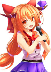 Rule 34 | 1girl, :d, bare arms, belt, blush, bow, breasts, cookie (touhou), fang, hair bow, highres, horn bow, horn ornament, horns, ibuki suika, large bow, long hair, looking at viewer, low-tied long hair, matching hair/eyes, microphone, music, open mouth, orange eyes, orange hair, singing, skirt, small breasts, smile, solo, szk, torn clothes, torn sleeves, very long hair