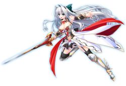 Rule 34 | 1girl, amasaka takashi, aqua eyes, armor, bare shoulders, blush, breastplate, breasts, cleavage, elbow gloves, full body, gloves, hair ornament, holding, holding weapon, large breasts, long hair, official art, open mouth, pleated skirt, ribbon, silver hair, skirt, solo, sword, thighhighs, tiana havel netherlands, unionism quartet, very long hair, weapon, white background, zettai ryouiki