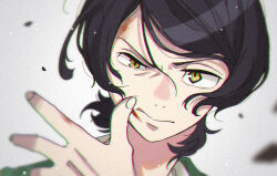 Rule 34 | 1boy, black hair, blood, blood on face, blurry, blurry foreground, bruise, bruise on face, bungou stray dogs, chromatic aberration, collared shirt, commentary request, fingernails, green jacket, highres, injury, jacket, looking at viewer, male focus, mushitarou oguri (bungou stray dogs), norimizu, serious, shirt, short hair, simple background, solo, swept bangs, tagme, white shirt, yellow eyes