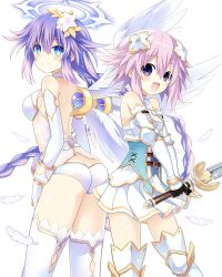 Rule 34 | 2girls, armor, ass, blue eyes, braid, butt crack, feathered wings, feathers, four goddesses online: cyber dimension neptune, gold trim, hair ornament, halo, highres, holding, holding sword, holding weapon, looking at viewer, multiple girls, neptune (neptunia), neptune (series), pink hair, pleated skirt, purple eyes, purple hair, purple heart (neptunia), simple background, skirt, smile, sword, thighhighs, twin braids, weapon, white background, wings, zero (ray 0805)