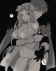Rule 34 | !, 1boy, 1girl, alternate costume, bare shoulders, bikini, black background, black gloves, blush, breasts, byleth (fire emblem), byleth (male) (fire emblem), cape, circlet, cleavage, collarbone, couple, fire emblem, fire emblem: three houses, fire emblem heroes, flower, gloves, hair flower, hair ornament, hetero, hug, hug from behind, japanese text, jewelry, large breasts, long hair, monochrome, navel, nintendo, open mouth, panties, panty pull, parted bangs, rhea (fire emblem), short hair, simple background, standing, swimsuit, thighs, underwear, very long hair, yomusugara (uzo-muzo)
