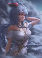 Rule 34 | 1girl, ahoge, bare shoulders, blue hair, breasts, cleavage, cowboy shot, dress, ganyu (genshin impact), genshin impact, highres, horns, large breasts, long hair, looking to the side, low ponytail, off-shoulder dress, off shoulder, open mouth, red eyes, sidelocks, solo, stormstx, white dress