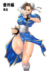 Rule 34 | 1girl, boots, bracelet, breasts, brown eyes, brown hair, bun cover, capcom, china dress, chinese clothes, chun-li, double bun, dress, earrings, jewelry, judge martin, large breasts, legs, no legwear, pelvic curtain, sash, short hair, solo, spiked bracelet, spikes, standing, street fighter, thighs