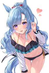Rule 34 | 1girl, :d, animal ears, bikini, black bikini, blue hair, braid, breasts, cleavage, collarbone, commentary request, drawstring, groin, hand up, heart, highres, horse ears, horse girl, horse tail, jacket, leaning forward, long hair, long sleeves, looking at viewer, medium breasts, mejiro ardan (umamusume), navel, off shoulder, open clothes, open jacket, open mouth, ponytail, puffy long sleeves, puffy sleeves, purple eyes, simple background, smile, solo, swimsuit, tail, thigh gap, tomo (tmtm mf mf), umamusume, very long hair, white background, white jacket