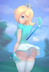 Rule 34 | 1girl, artist name, ass, blonde hair, blue eyes, blue gloves, blue shirt, blue skirt, breasts, crown, earrings, eyelashes, from behind, gloves, golf, golf club, golf course, hair over one eye, hand on own thigh, highres, holding, holding golf club, jewelry, lewddoodlez, lips, long hair, looking at viewer, looking back, mario (series), mario golf, mario golf: super rush, miniskirt, nintendo, outdoors, panties, parted lips, polo shirt, rosalina, shirt, short sleeves, skirt, small breasts, solo, star (symbol), star earrings, thick lips, thighhighs, tree, underwear, upskirt, white panties, white skirt, white thighhighs